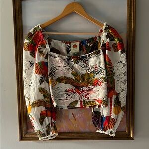 FARM Rio Red Crop Blouse with Puffed 3/4 Sleeves